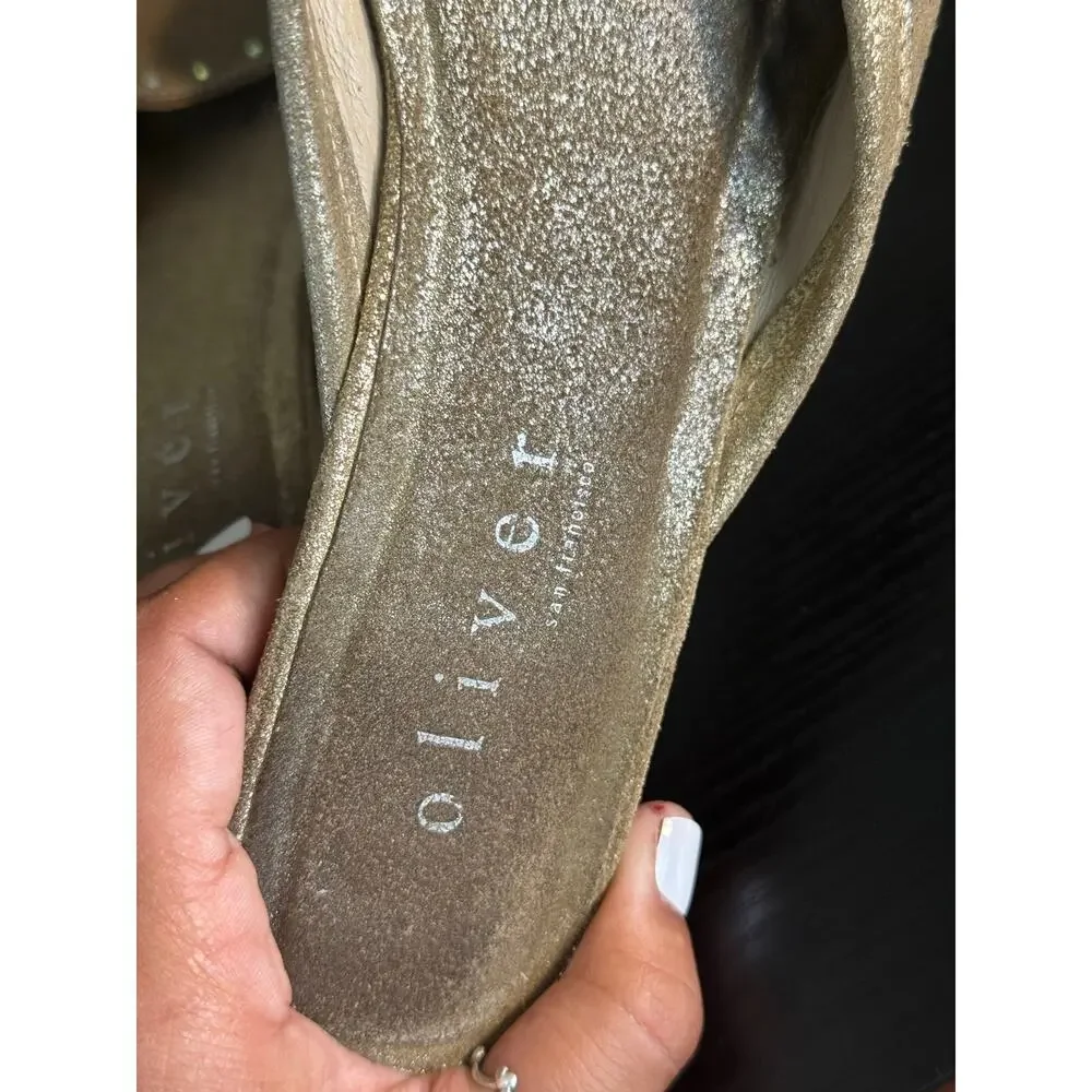 Oliver Addie Khaki Metallic Gold Leather Kitten Heel Mules Size 8 Pointed Toe